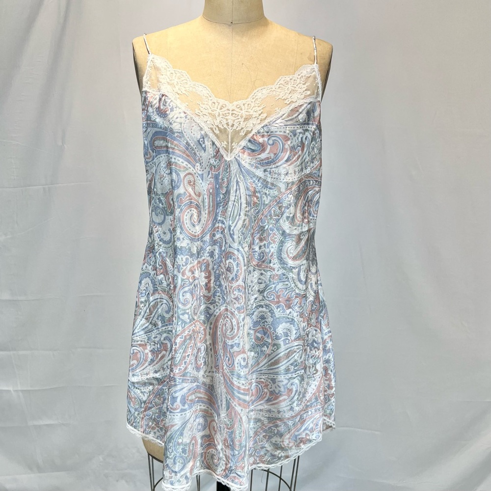 VINTAGE 80s pastel paisley floral silky satin nightgown mini midi lace - Picture 7 of 10